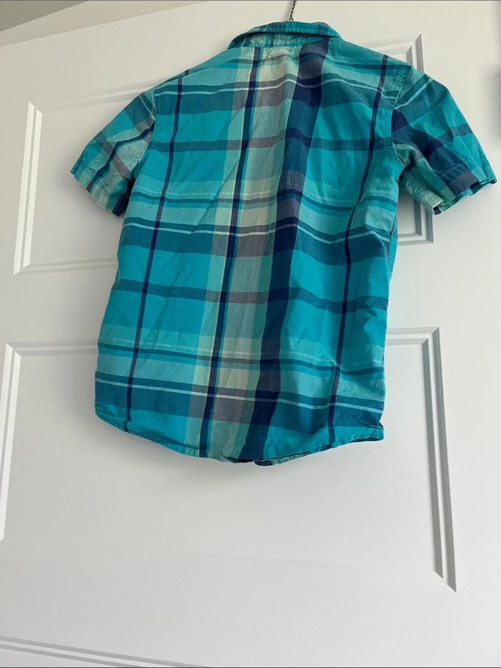 Old Navy Teal and Navy Plaid Short-Sleeve Button-Down Shirt